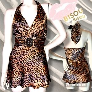 New BISOU BISOU Satin Halter Top Animal Print Beaded Embellishments Sz 2 (Small)